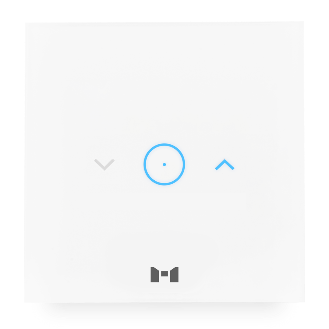 لوحة MTronic Smart Blind بيضاء لؤلؤية أنيقة مع نقطة دائرية في المنتصف وسهم التصعيد مضاء باللون الأزرق بينما يكون خيار التدوير لأسفل باللون الرمادي ويوجد شعار MRS باللون الرمادي في الأسفل
