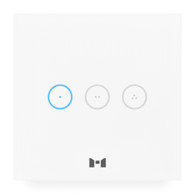 A sleek pearl white 4 Gang smart Touch Panel with 1 gang illuminated blue to show it is switched on