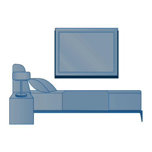 A blue illustration of a blind rolled up with the window on display