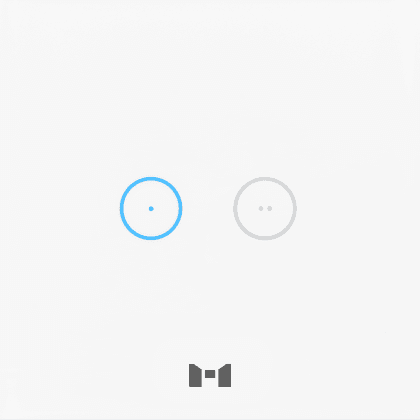 A sleek pearl white 2 Gang smart Touch Panel with 1 gang illuminated blue to show it is switched on.